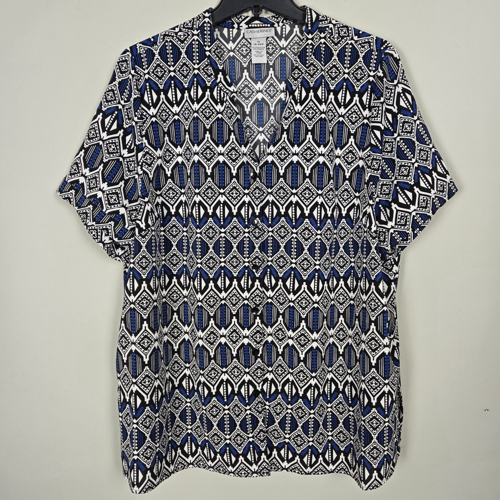 Catherines Womens Short Sleeve Button Up Top 1X Blue Geometric Boho Office Work